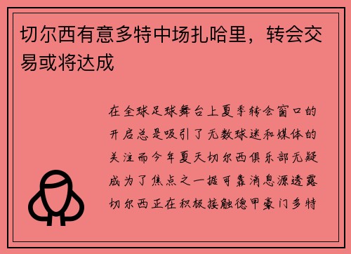 切尔西有意多特中场扎哈里,转会交易或将达成