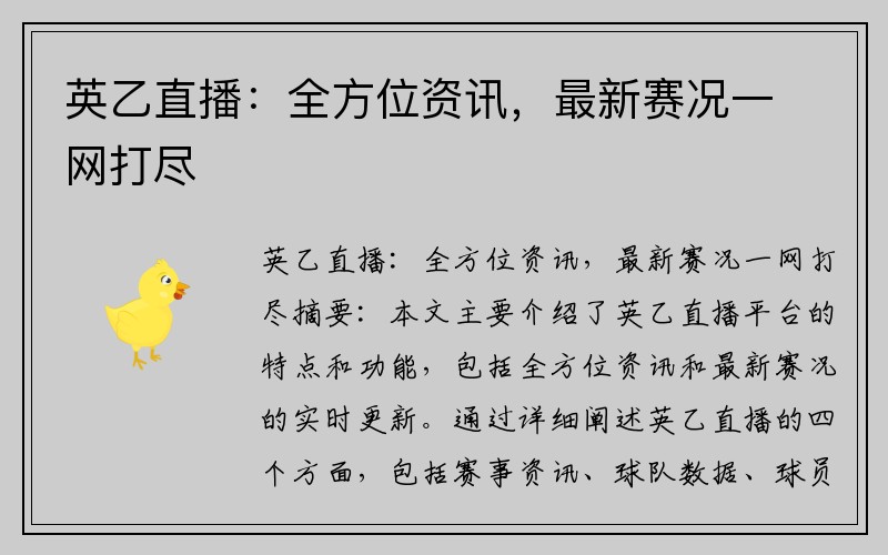 英乙直播：全方位资讯，最新赛况一网打尽