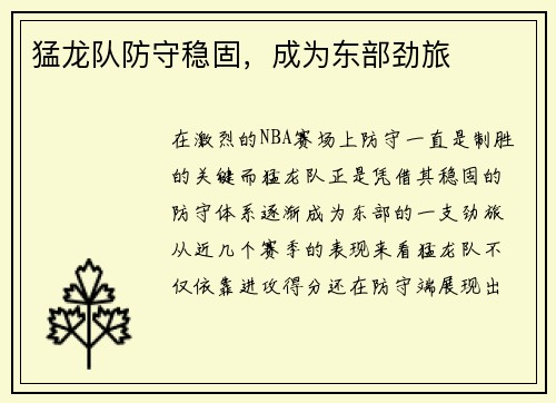 猛龙队防守稳固，成为东部劲旅
